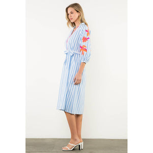 Embroidered Puff Sleeve Striped Maxi Dress