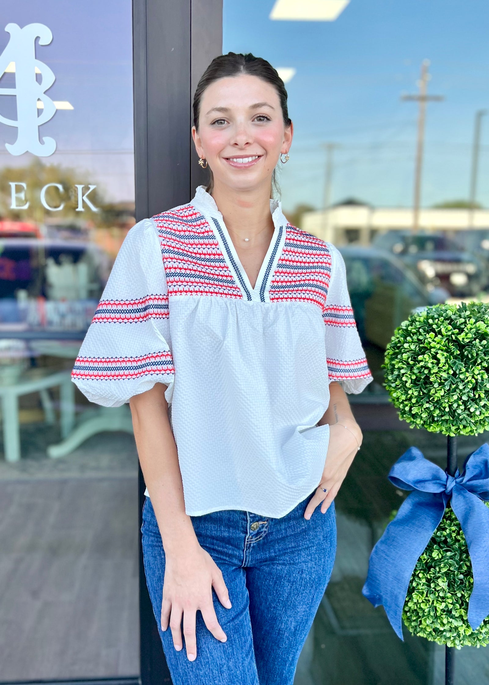 Red Embroidered Puff Sleeve Top