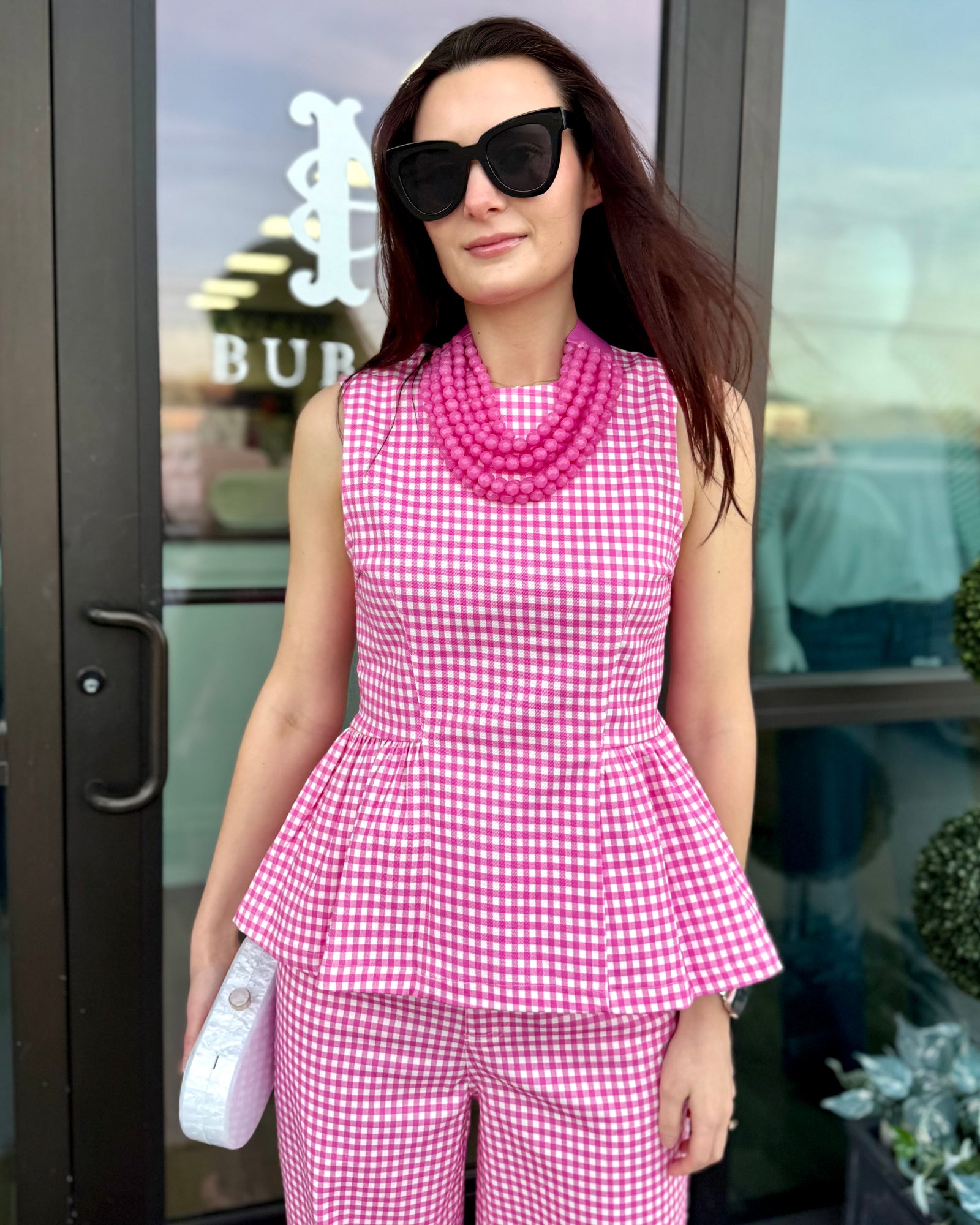 Pink Gingham Peplum Top