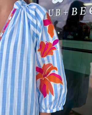 Embroidered Puff Sleeve Striped Maxi Dress