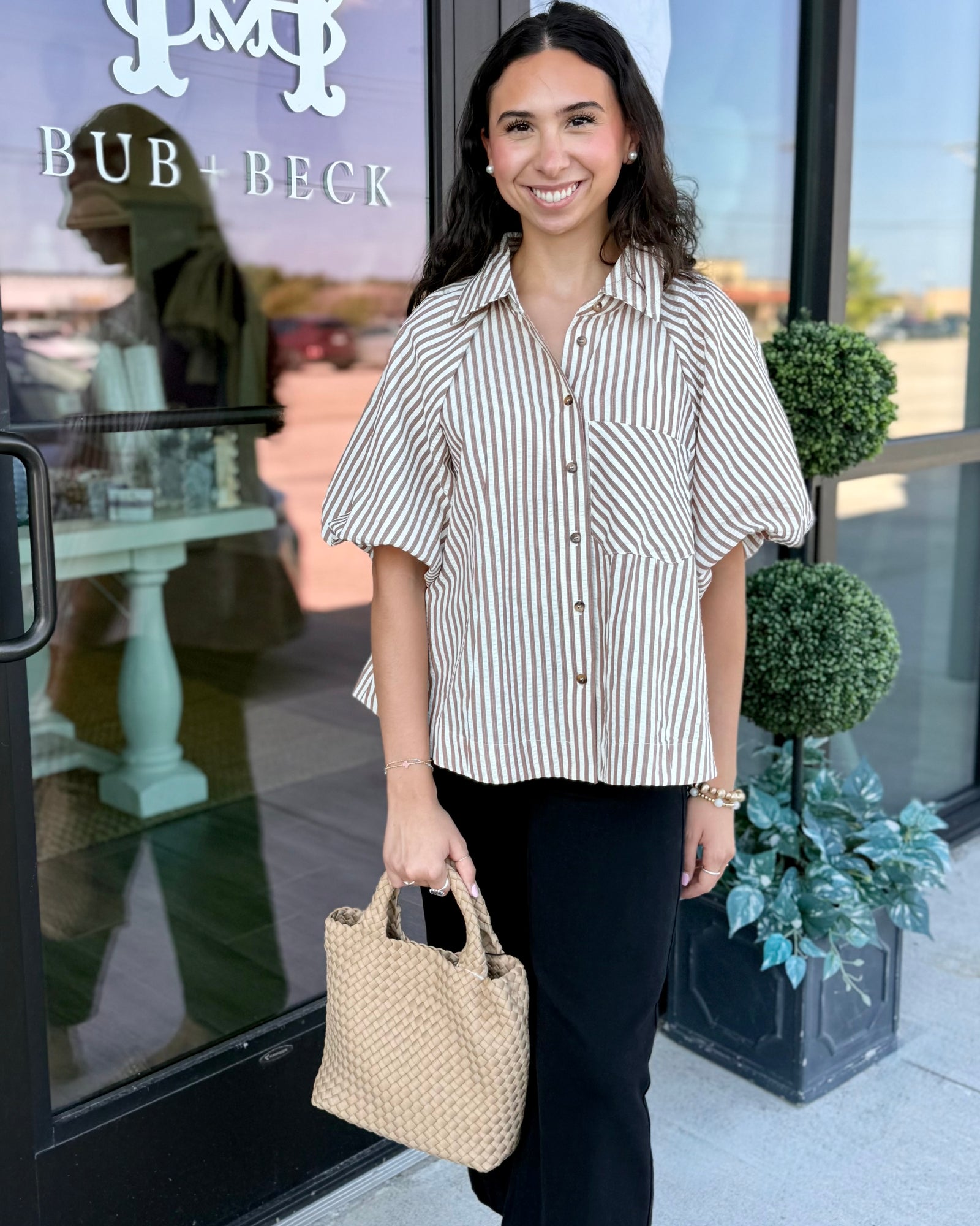 Striped Bubble Sleeve Button Down