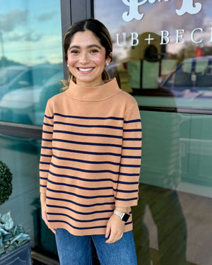 Camel/ Navy Striped Mockneck Sweater