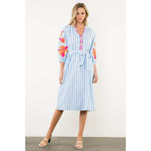 Embroidered Puff Sleeve Striped Maxi Dress