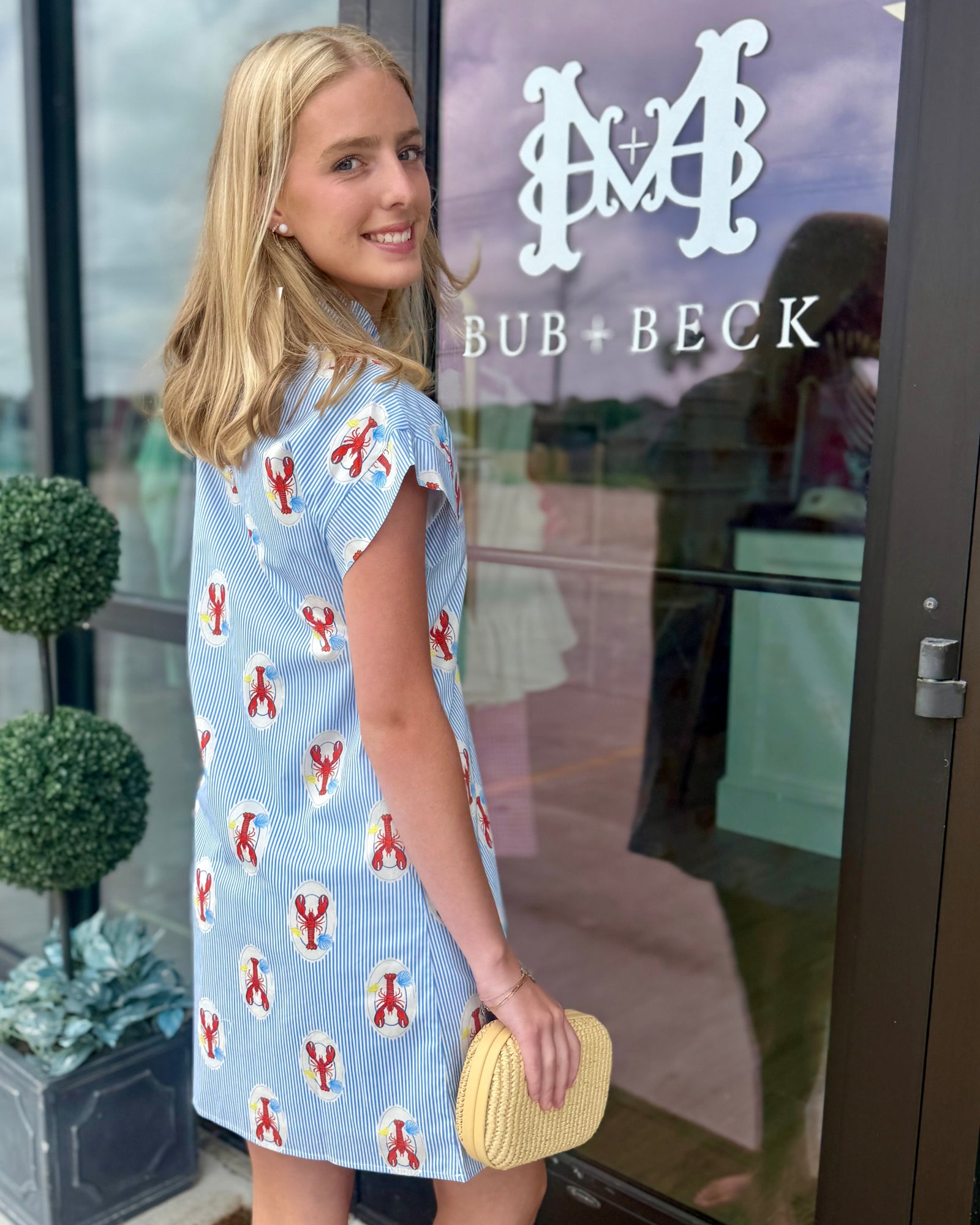 Striped Short Sleeve Lobster Print Dress