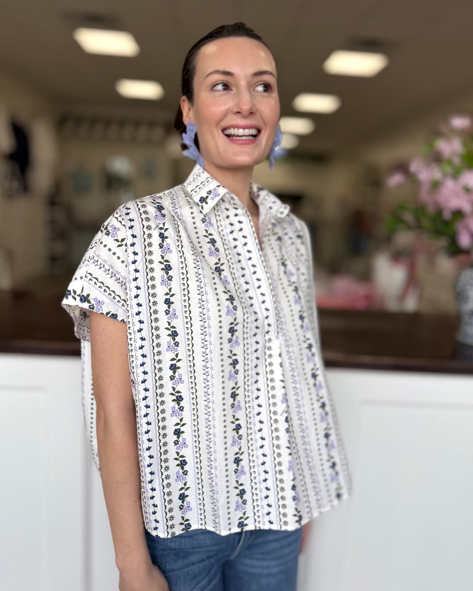 Floral Short Sleeve Top with Collar