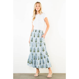 Long Striped Floral Pattern Skirt