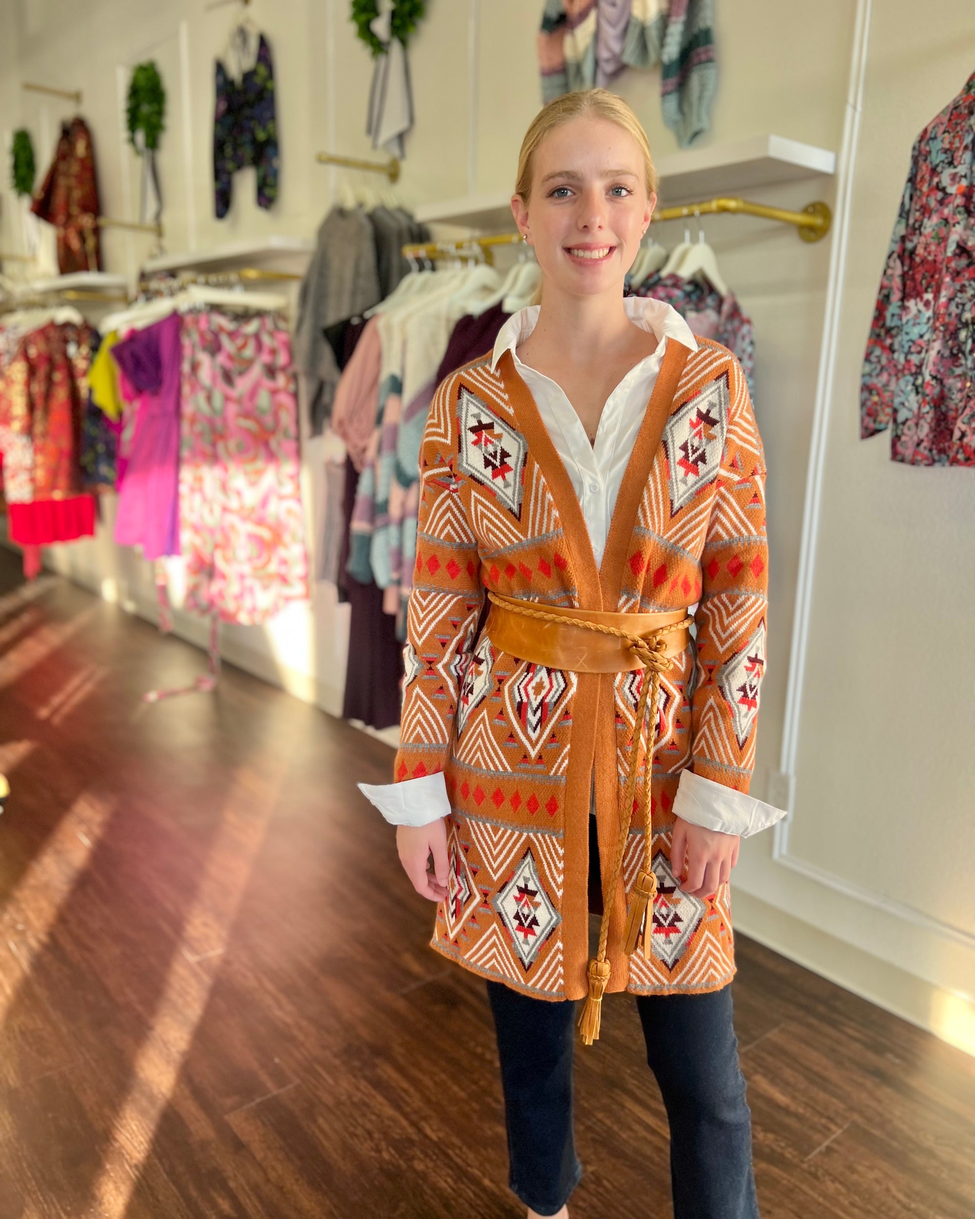 Aztec Open Front Long Cardigan