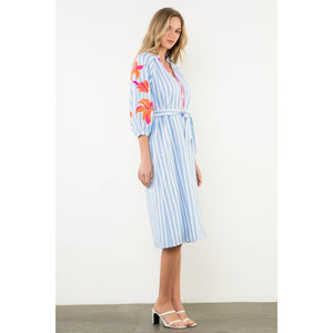 Embroidered Puff Sleeve Striped Maxi Dress