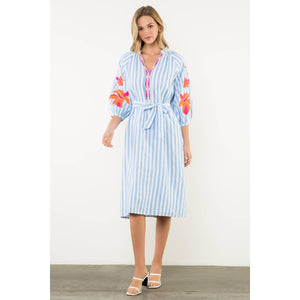 Embroidered Puff Sleeve Striped Maxi Dress