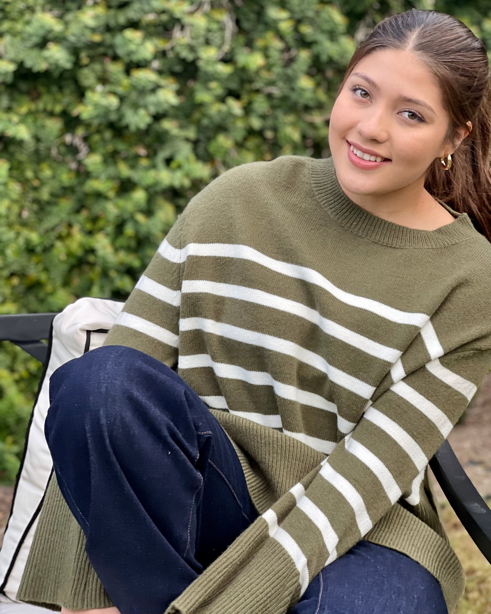 Oversized Striped Sweater - Olive