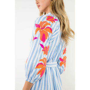 Embroidered Puff Sleeve Striped Maxi Dress
