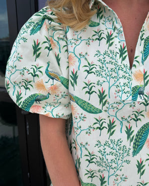 Peacock Print Puff Sleeve Midi Dress