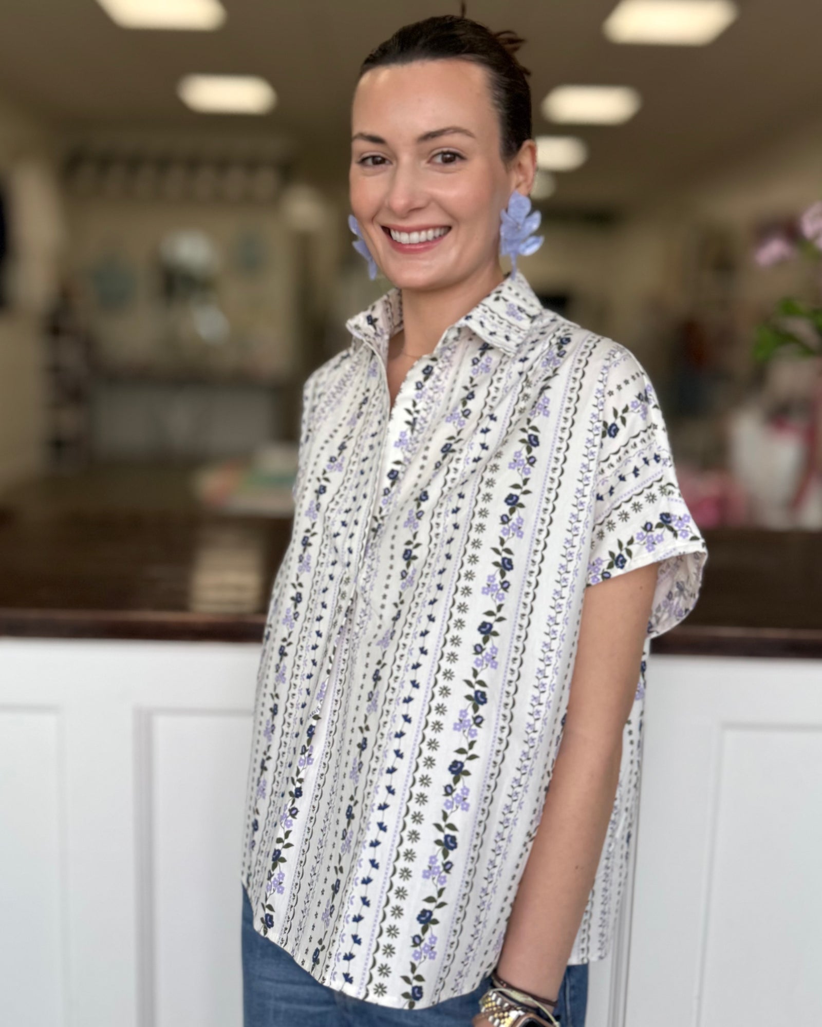 Floral Short Sleeve Top with Collar