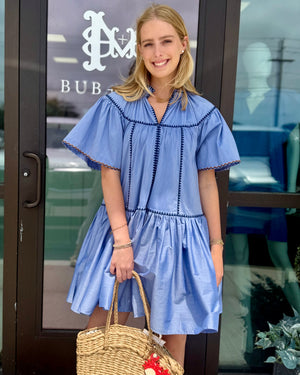 Blue Tiered Dress with Embroidered Trim