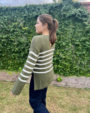 Oversized Striped Sweater - Olive