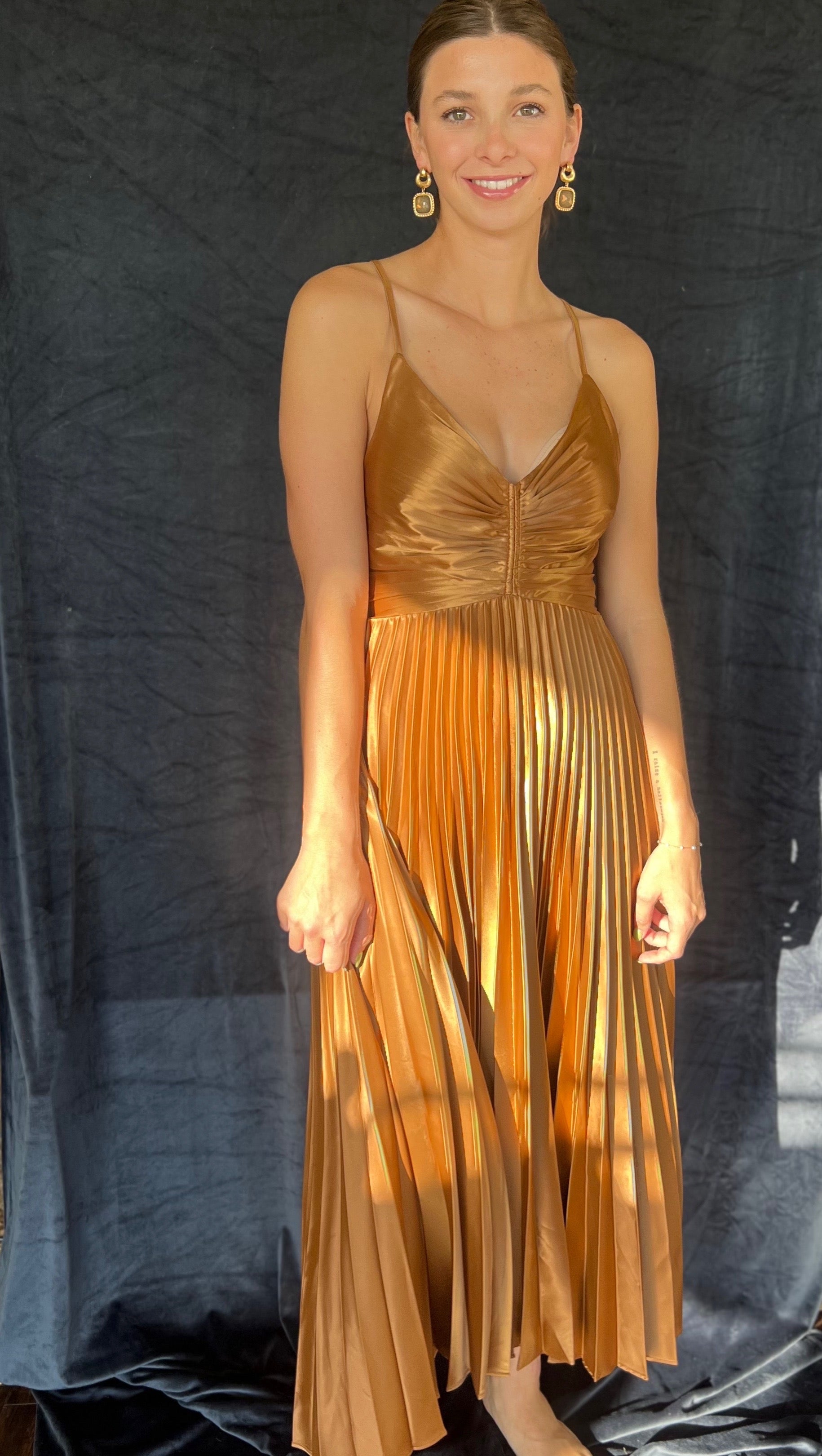 Golden Pleated Midi Dress