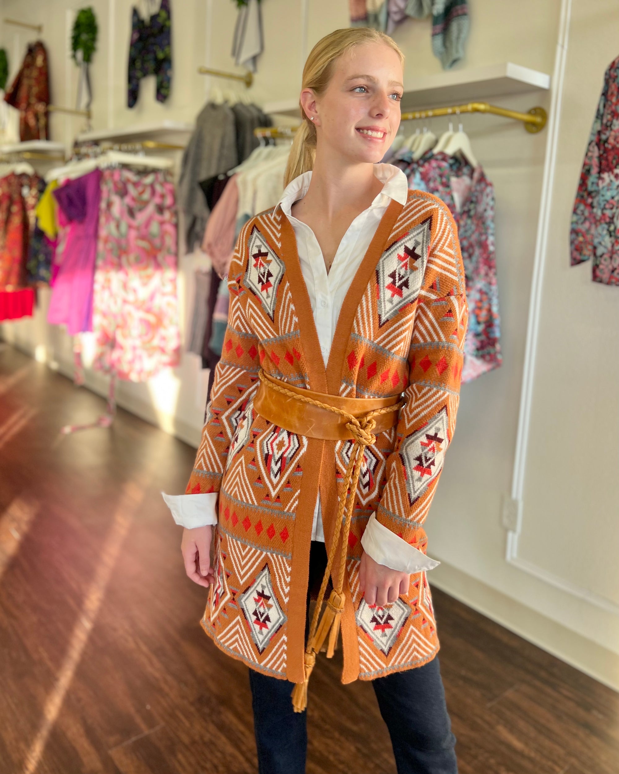 Aztec Open Front Long Cardigan