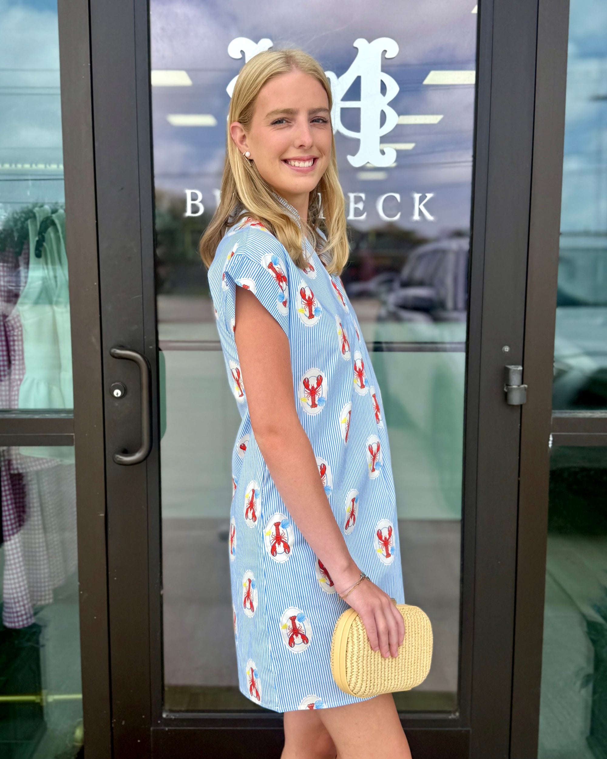 Striped Short Sleeve Lobster Print Dress Medium