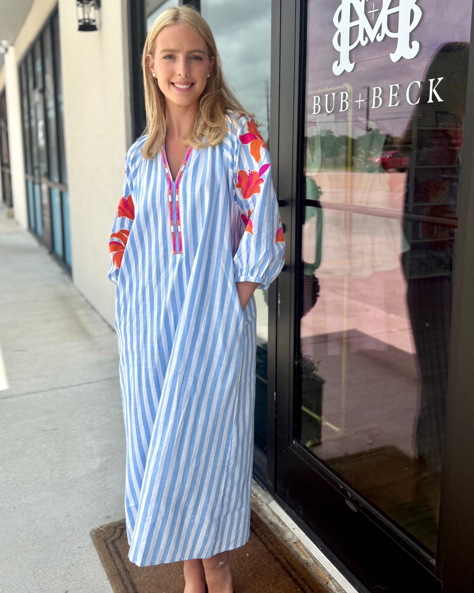 Embroidered Puff Sleeve Striped Maxi Dress