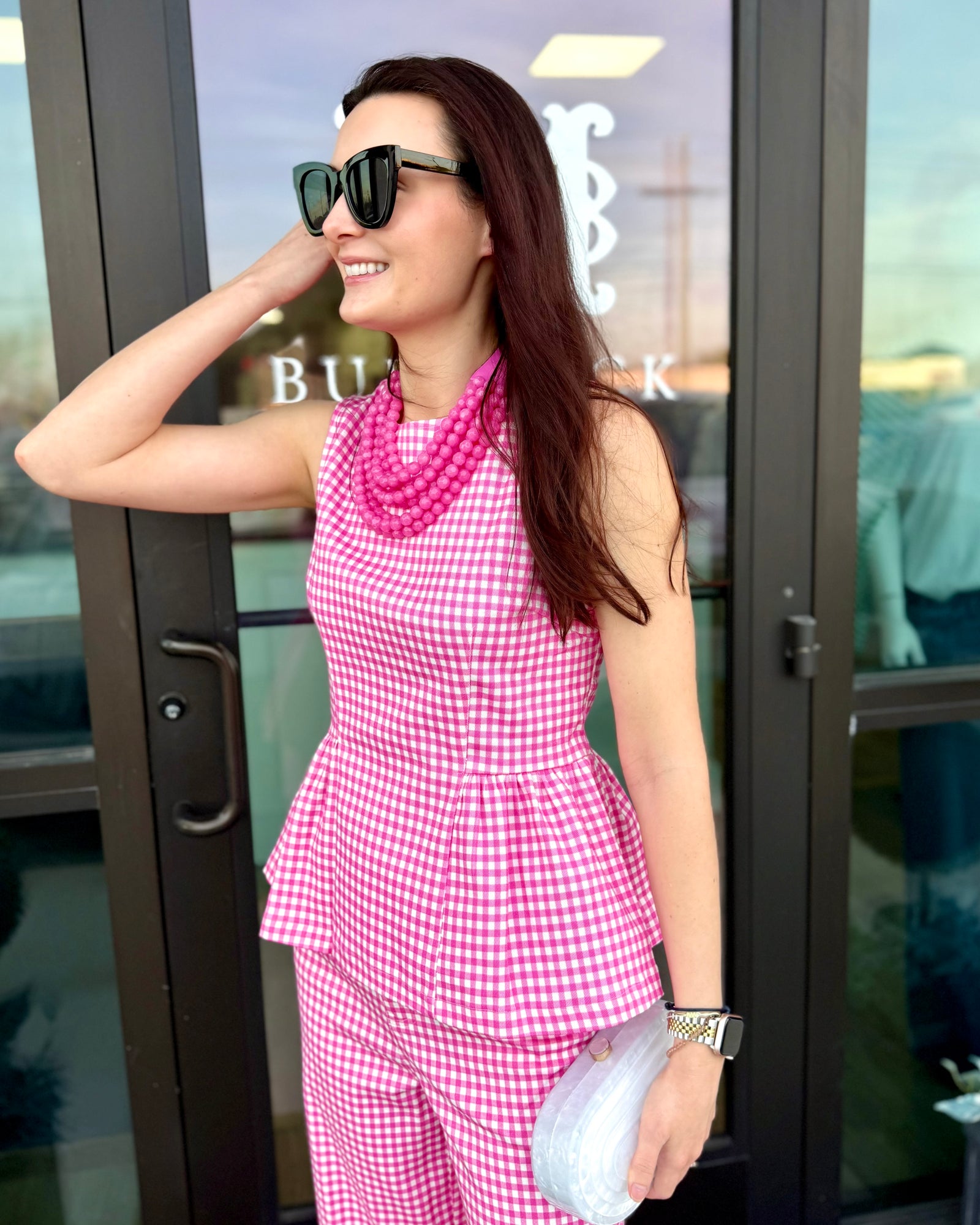 Pink Gingham Peplum Top