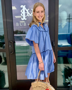 Blue Tiered Dress with Embroidered Trim