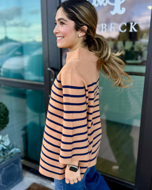 Camel/ Navy Striped Mockneck Sweater