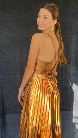 Golden Pleated Midi Dress
