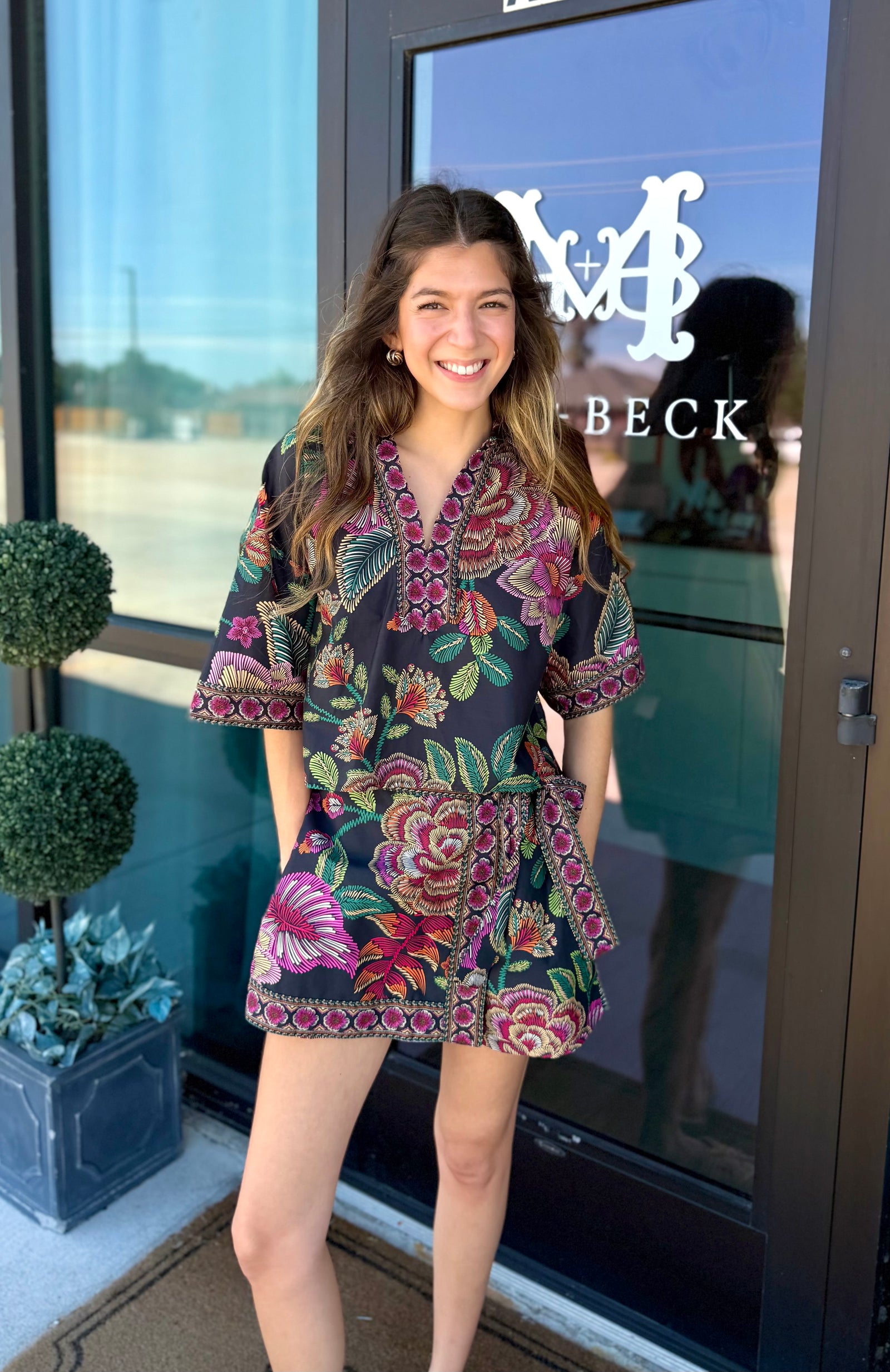 Black Floral Collared Top