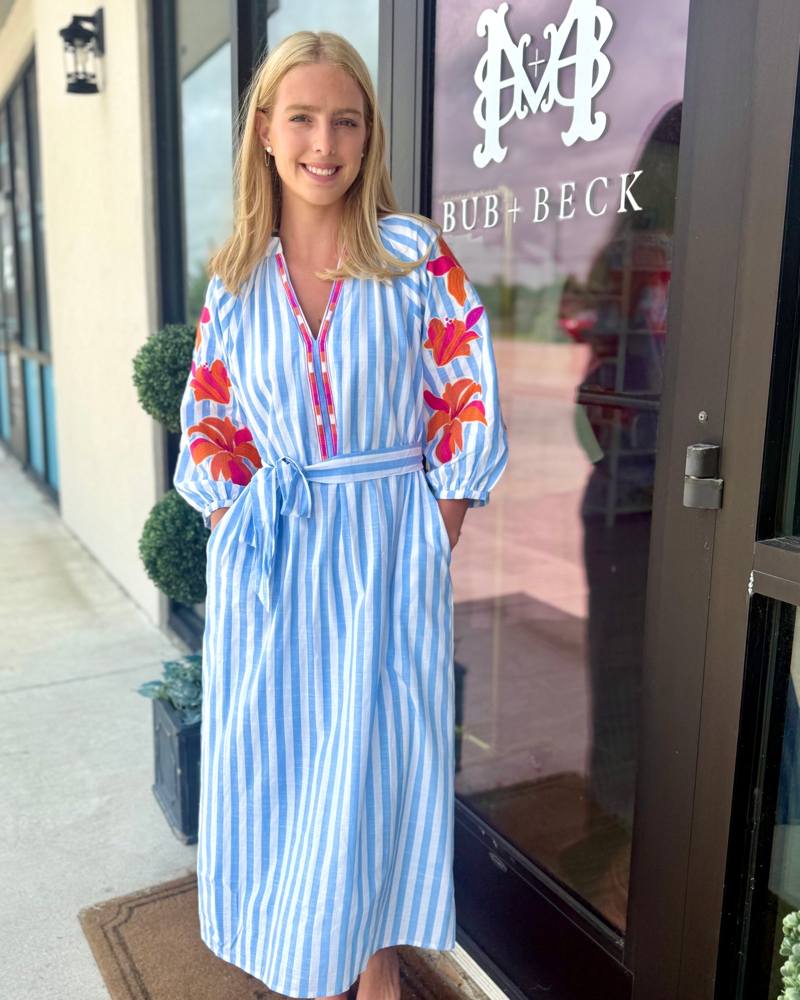 Embroidered Puff Sleeve Striped Maxi Dress