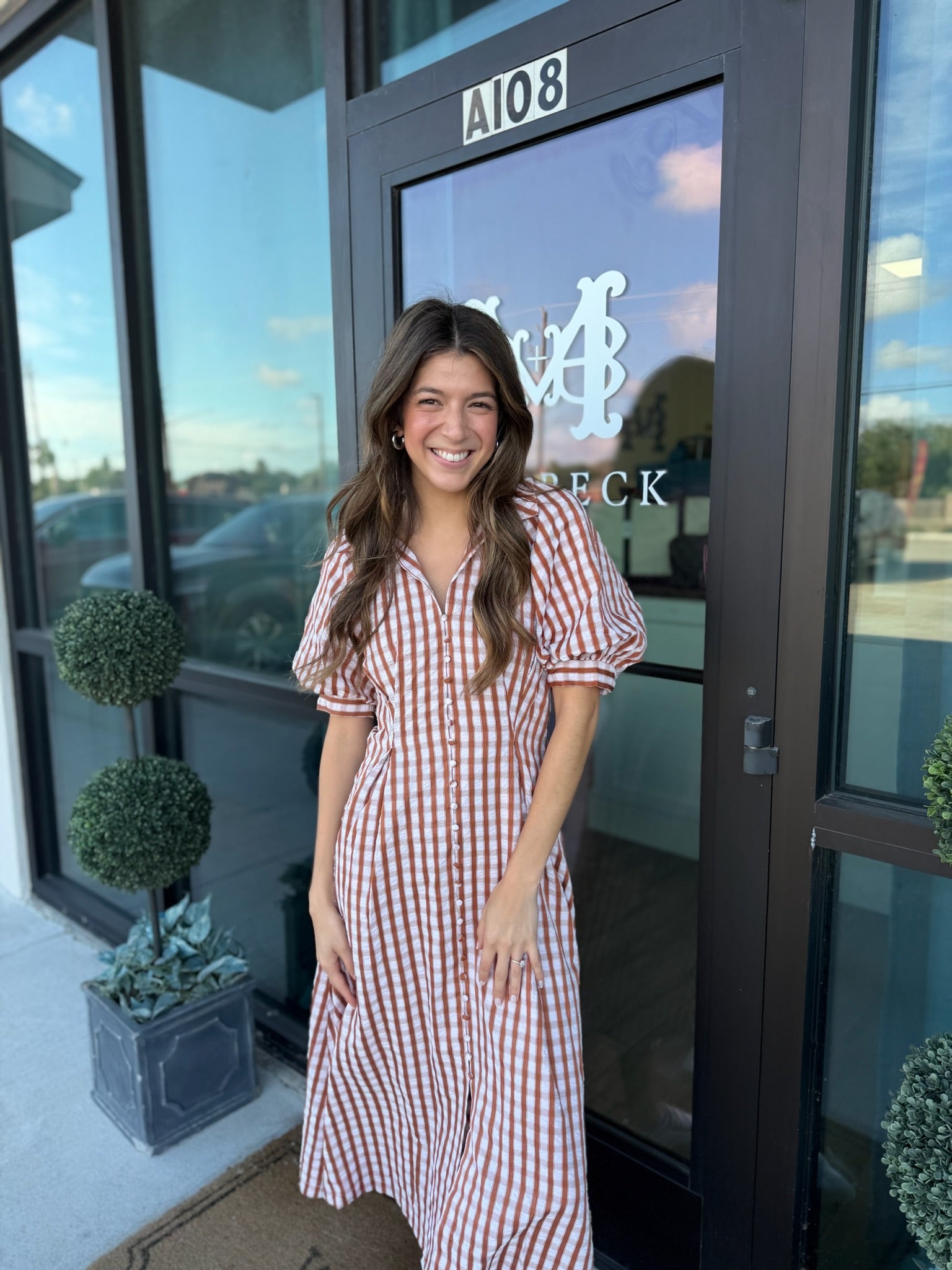 Blush & Brown Gingham Midi Dress