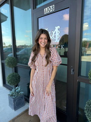 Blush & Brown Gingham Midi Dress