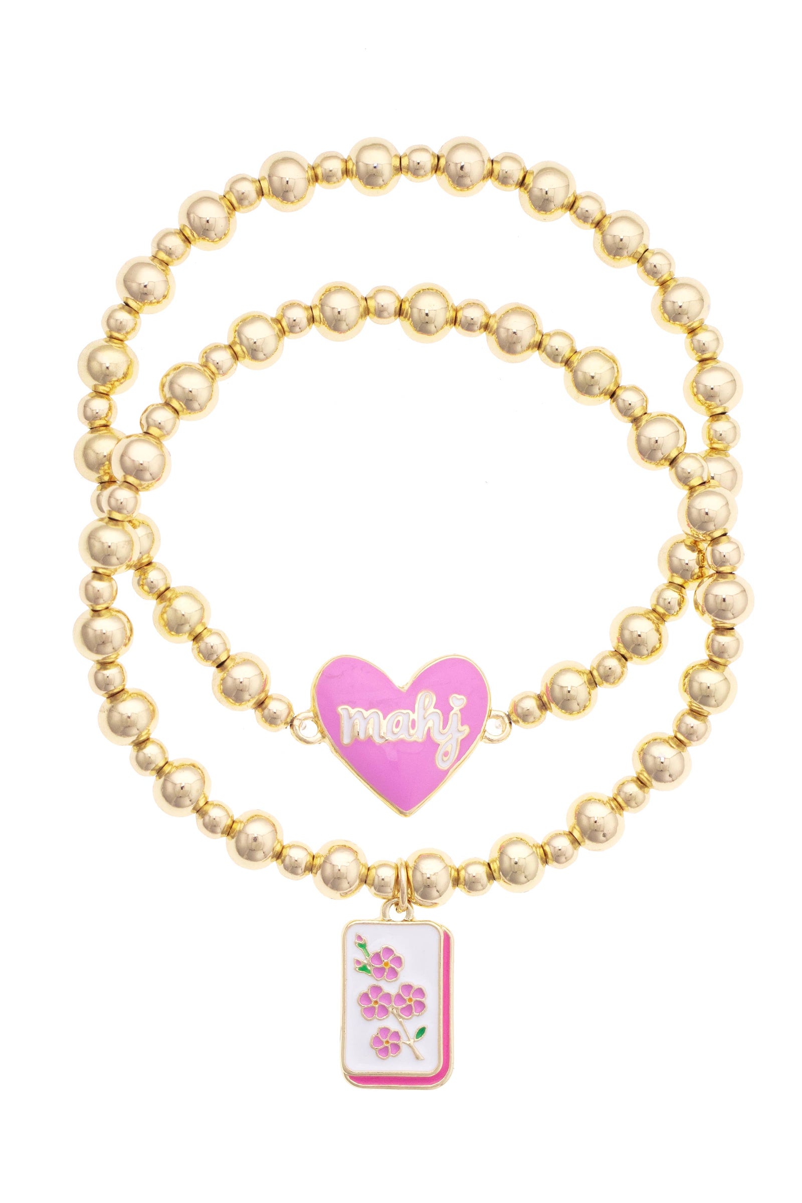Mahj Cherry Blossom Tile Ball Bead Stretch Bracelet Set of 2
