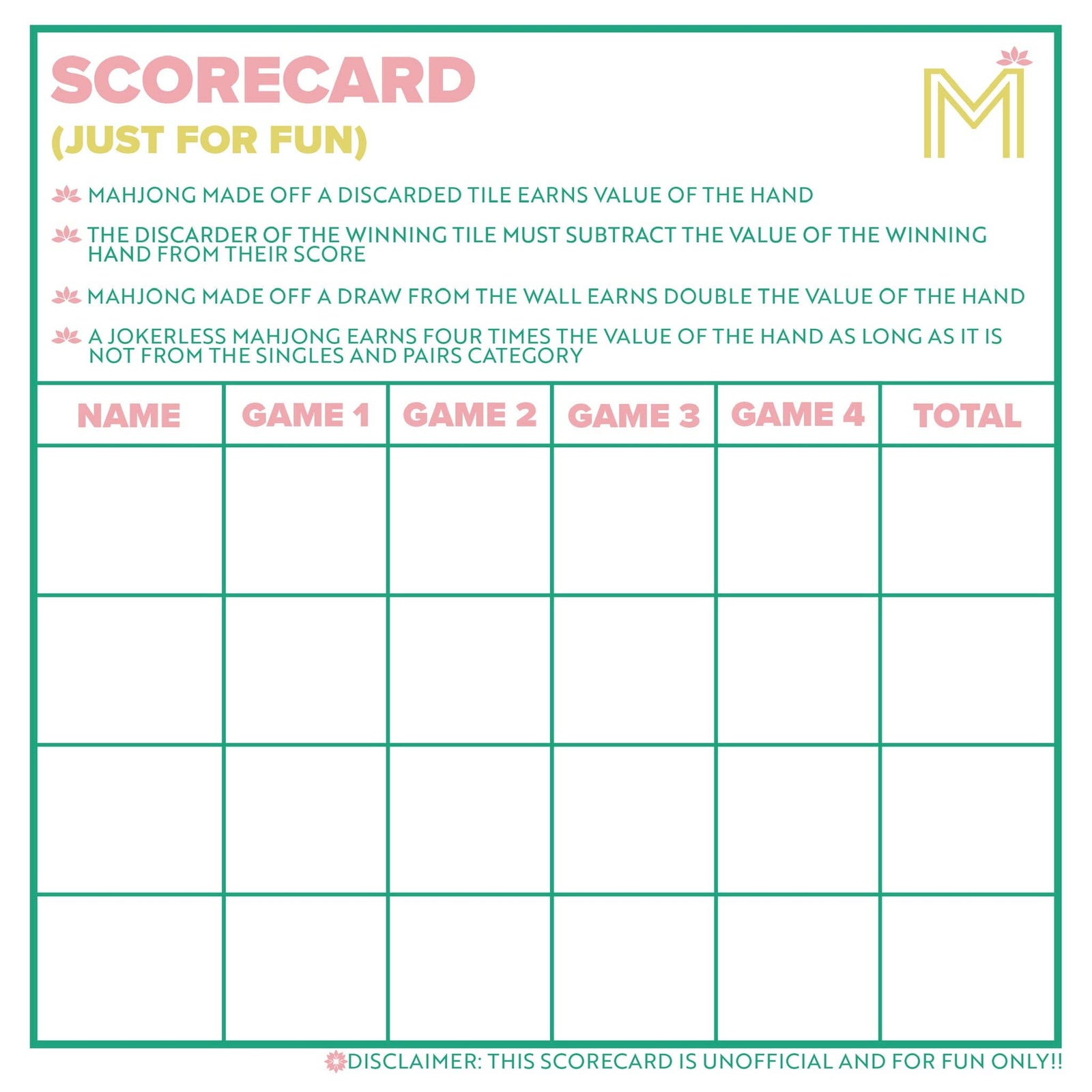 MAHJONG SCORECARD NOTEPAD WITH RULES: GREEN/PINK