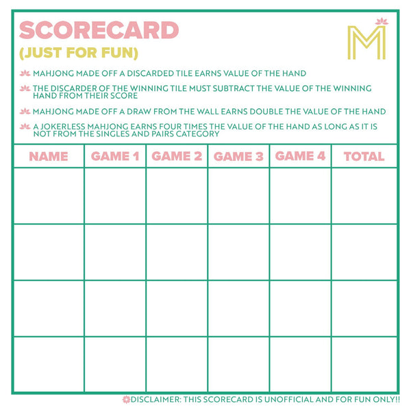MAHJONG SCORECARD NOTEPAD WITH RULES: GREEN/PINK - Bub and Beck by ...