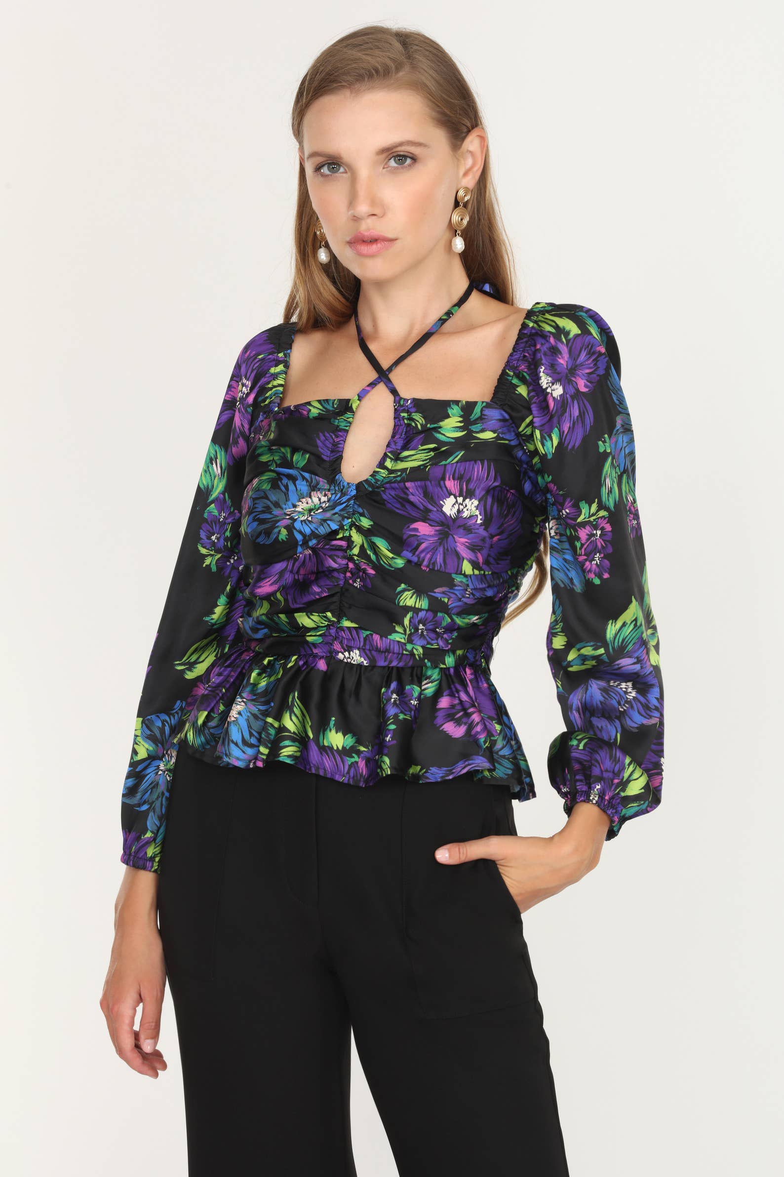 Rena Ruched Keyhole Blouse
