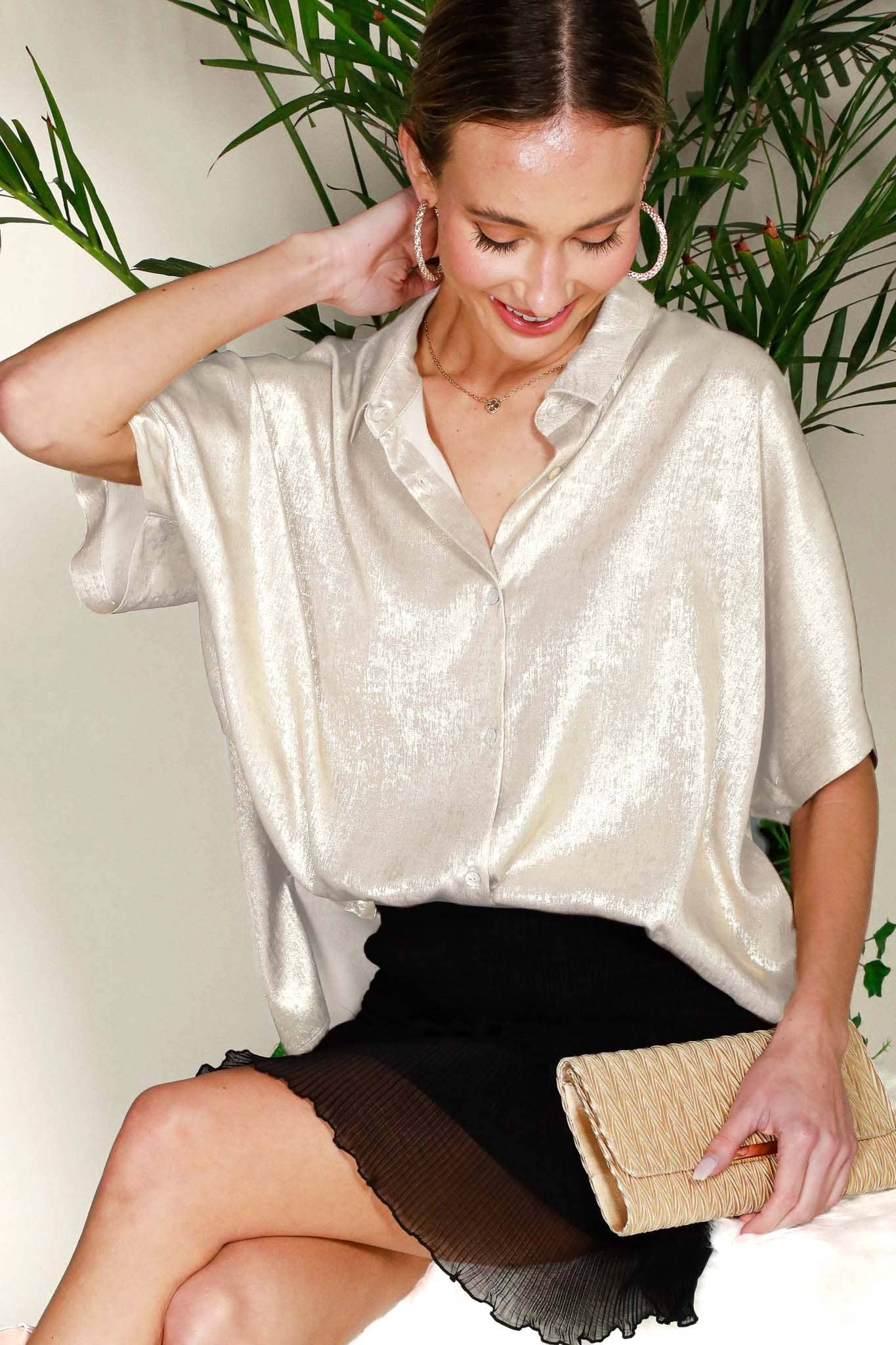 Champagne Metallic Collared Blouse