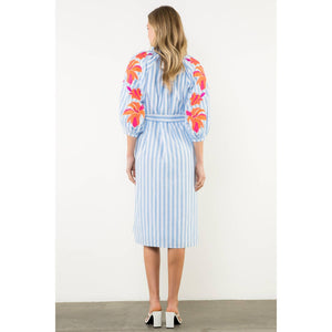 Embroidered Puff Sleeve Striped Maxi Dress