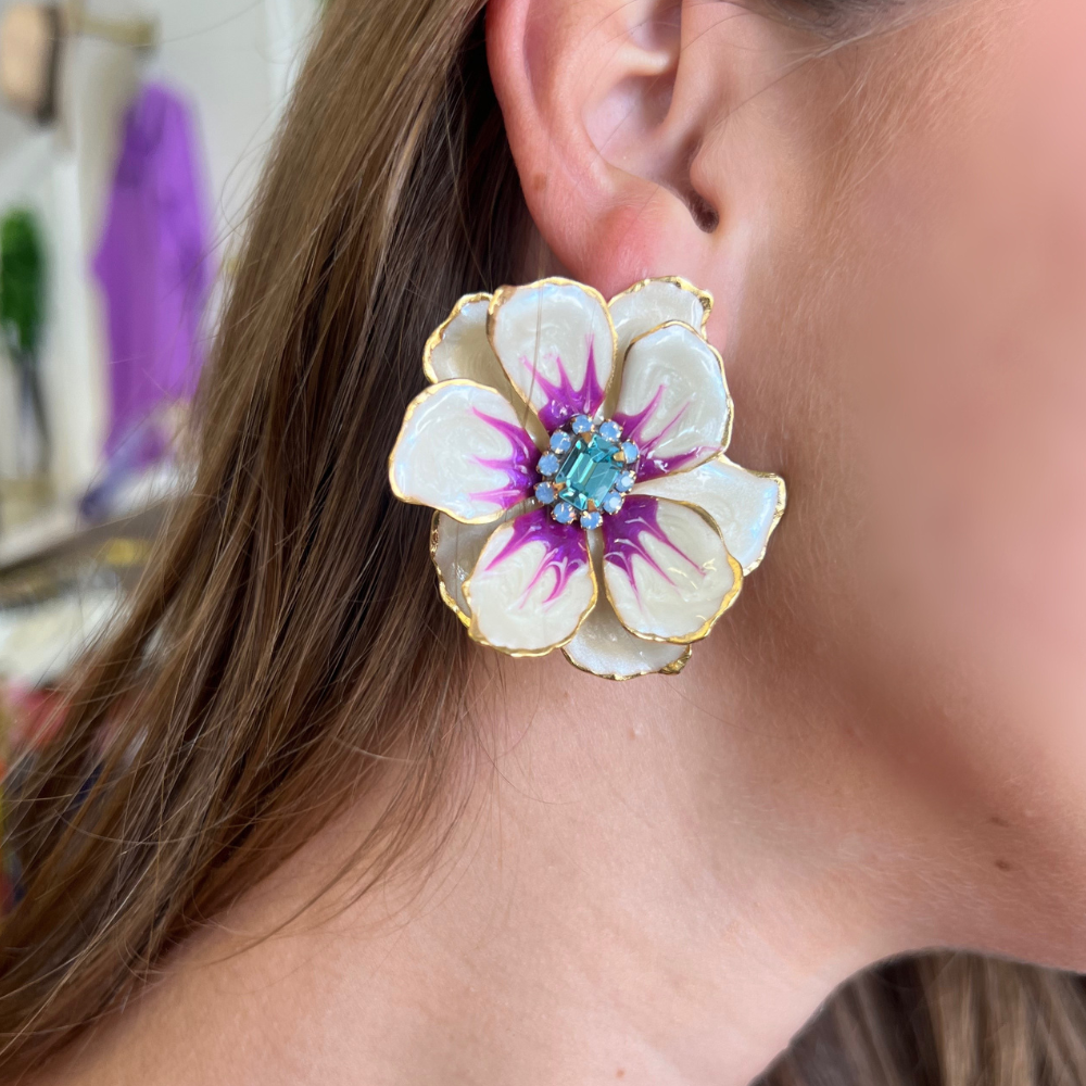 Hand painted Floral Statement Earring - Turquoise