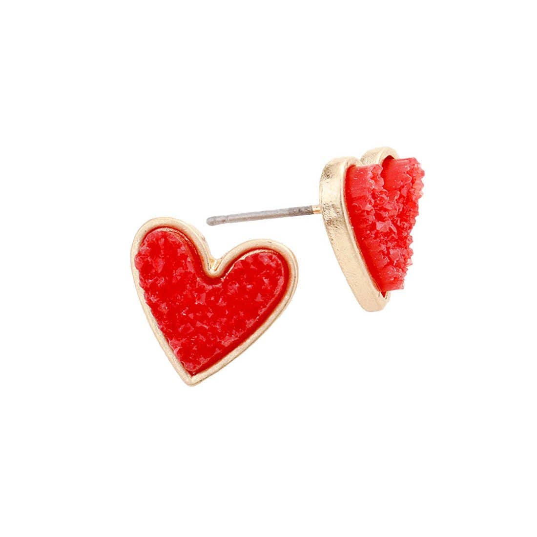 Red Druzy Heart Stud Earrings