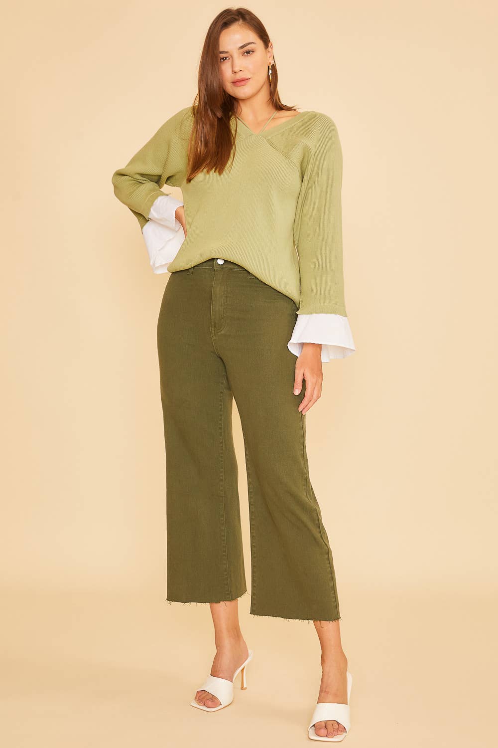 Wide Leg Stretch Denim - Olive