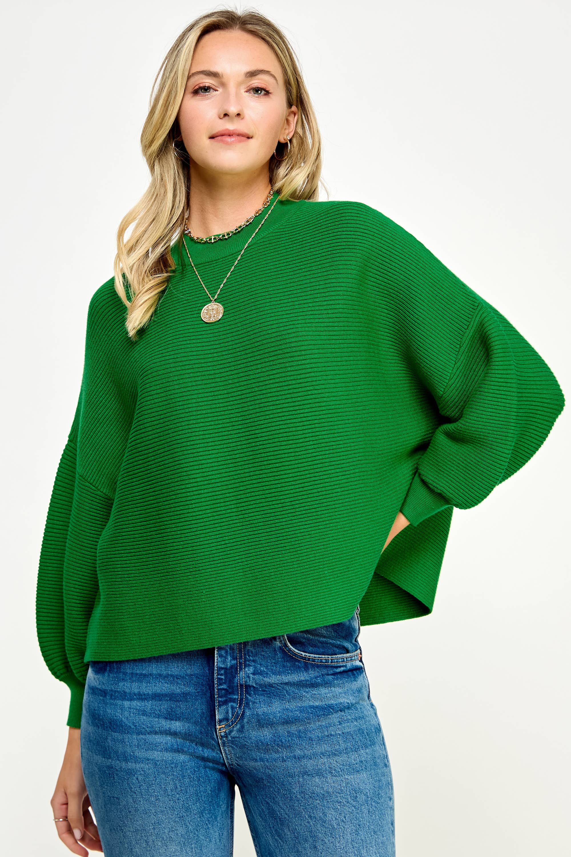 Green balloon sleeve sweater sale