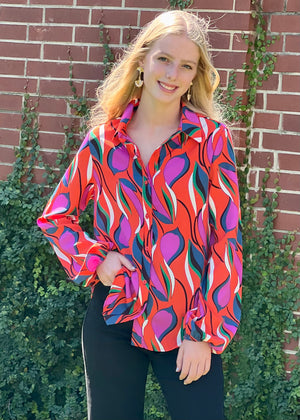 Orange and Pink Print Button-up Top