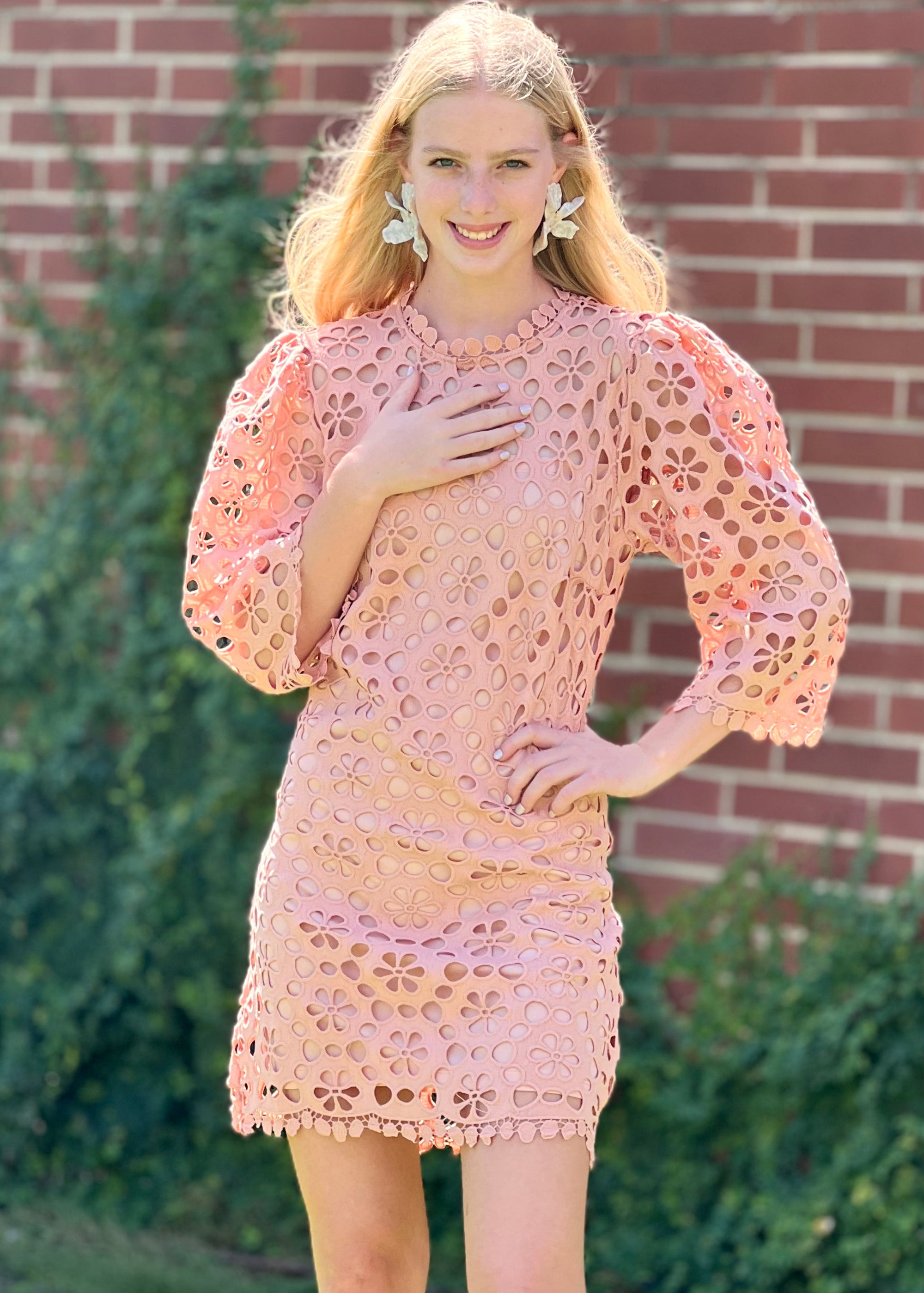 Crochet Lace 3/4 Sleeve Mini Dress