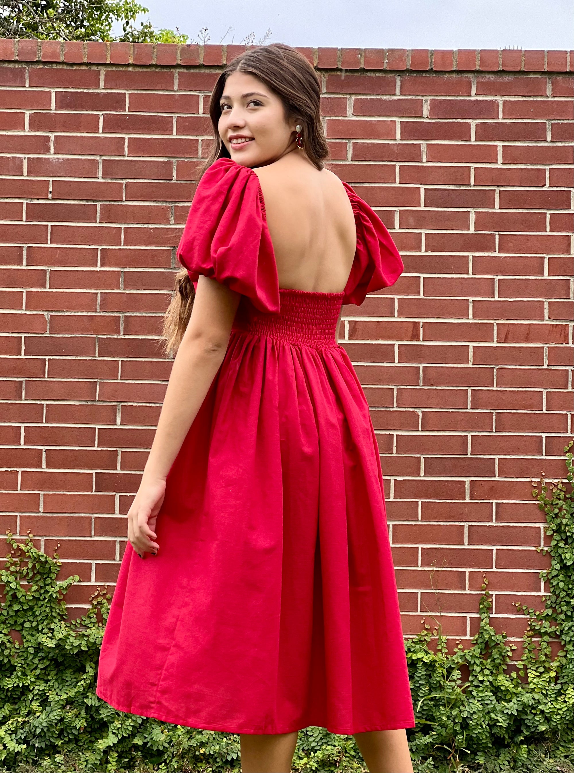 Red Puff Sleeve Midi Dress Bub and Beck by Madison Taylor